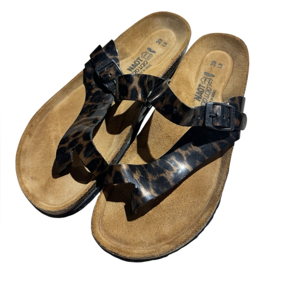Naot Leather Toe-Loop Slide Sandals Leopard Print Size 8 or Size 38 Brown